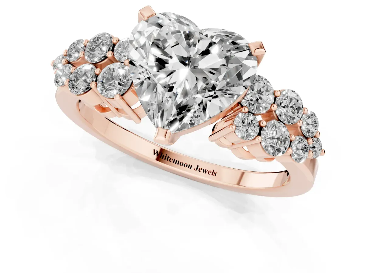 Heart Cut Cluster Diamond Engagement Ring with Pavé Band and Four-Prong Setting Rose gold