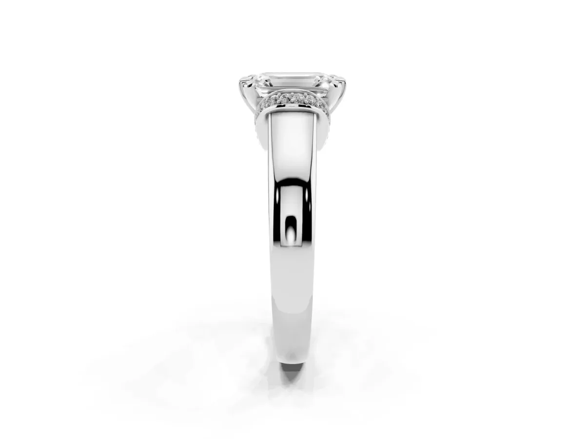 Emerald Cut Solitaire Diamond Ring with Pave Band and Six-Prong Setting Platinum