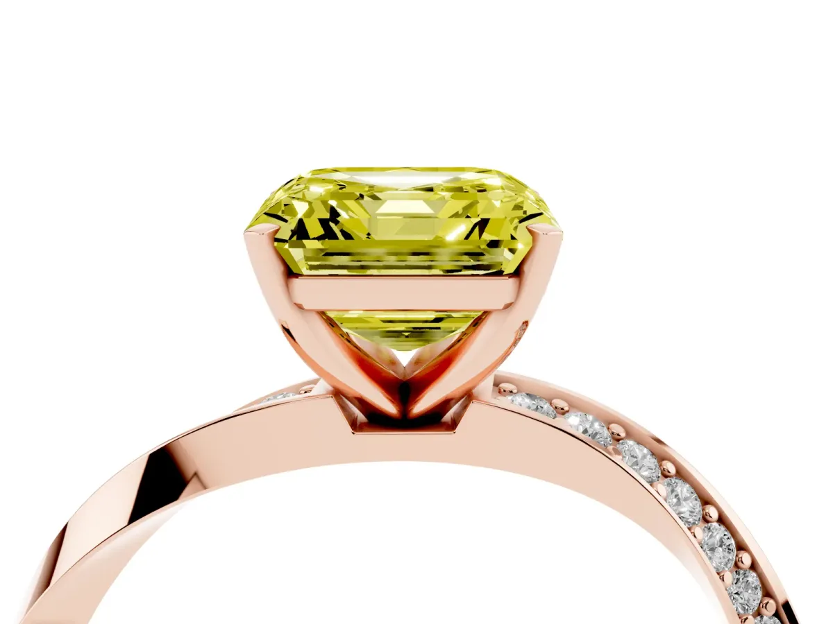 Fancy Yellow Asscher Cut Diamond Engagement Ring with Side Stone Accents and Four-Prong Setting Rose gold