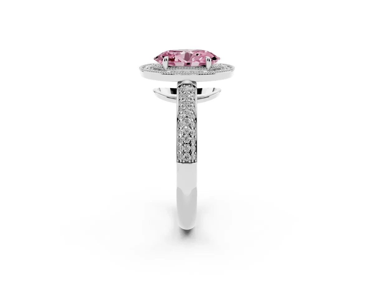 Fancy Pink Oval Cut Cut Halo Diamond Pave Band with Four-Prong Setting Silver