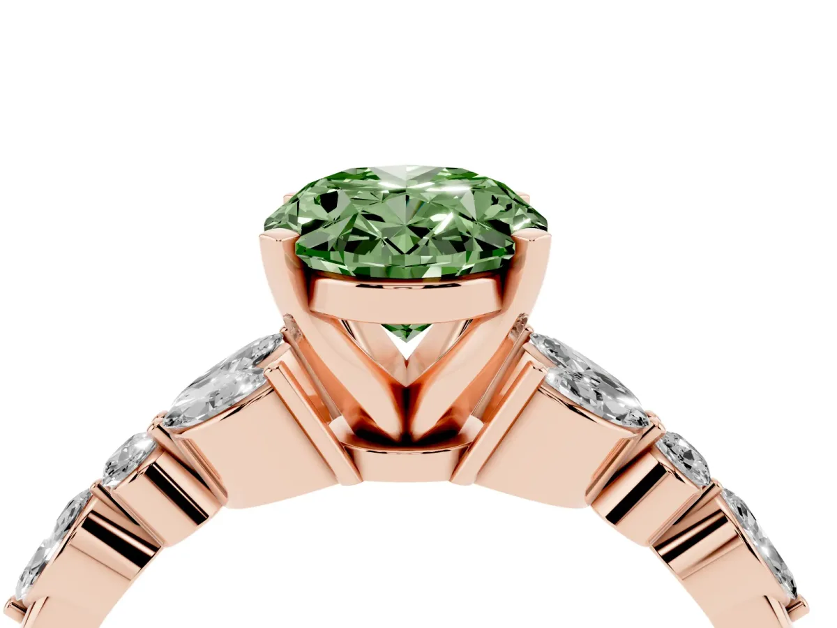 Fancy Green Oval Cut Diamond Solitaire Ring with Side Stones and Four-Prong Setting Rose gold