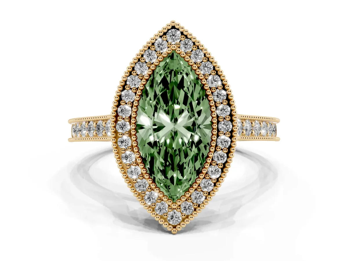 Fancy Green Halo Marquise Cut-Cut Diamond Pave Band Milgrain Prong Setting Ring Yellow gold