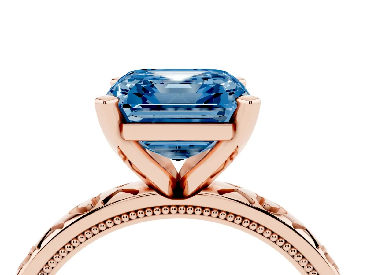 Fancy Blue Asscher Cut Solitaire Diamond Engagement Ring with XO Engraved Band and Four-Prong Setting Rose gold