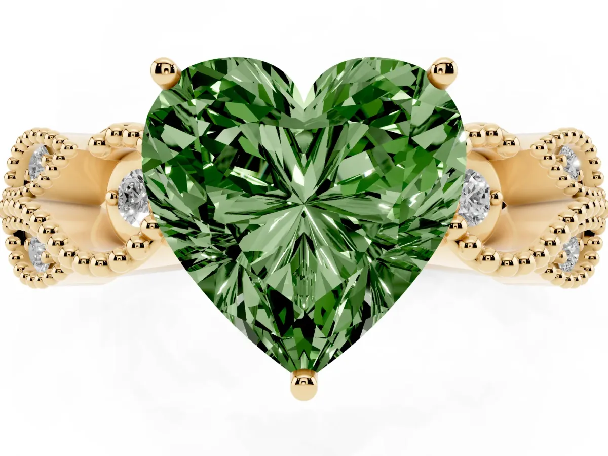 Fancy Green Heart Cut Solitaire Milgrain Leaf Band with Prong Setting Yellow gold