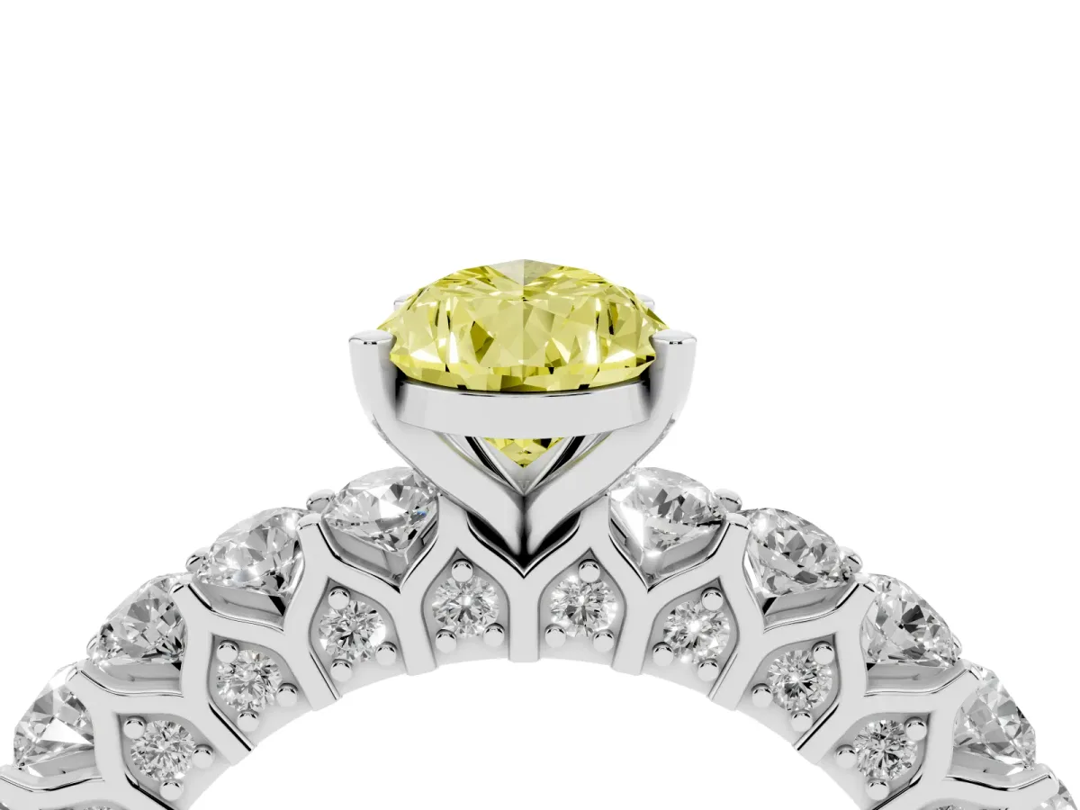 Fancy Yellow Pear Cut Diamond Solitaire Ring with Shared Prong Pavé Band and Four-Prong Setting Silver