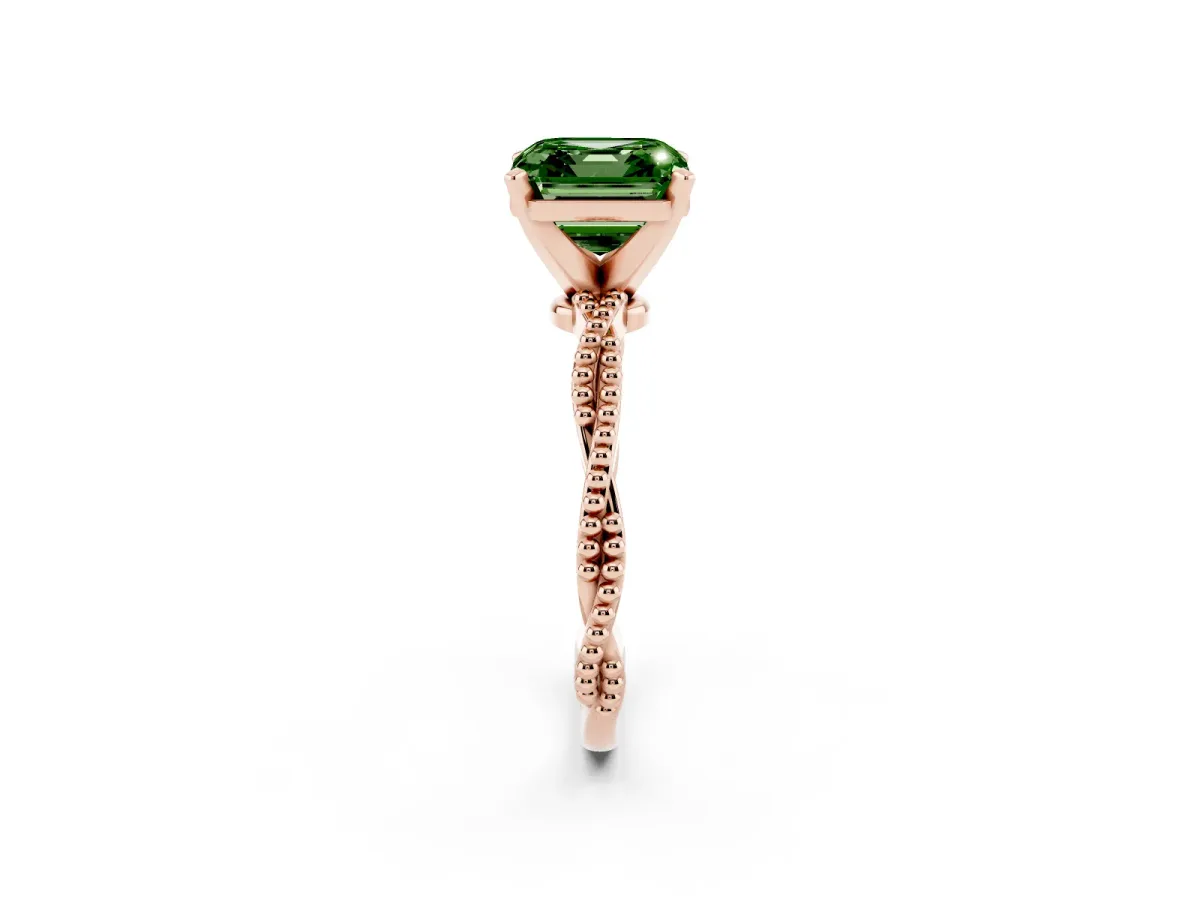 Fancy Green Asscher Cut Solitaire Twisted Band with Bead Prong Setting Rose gold