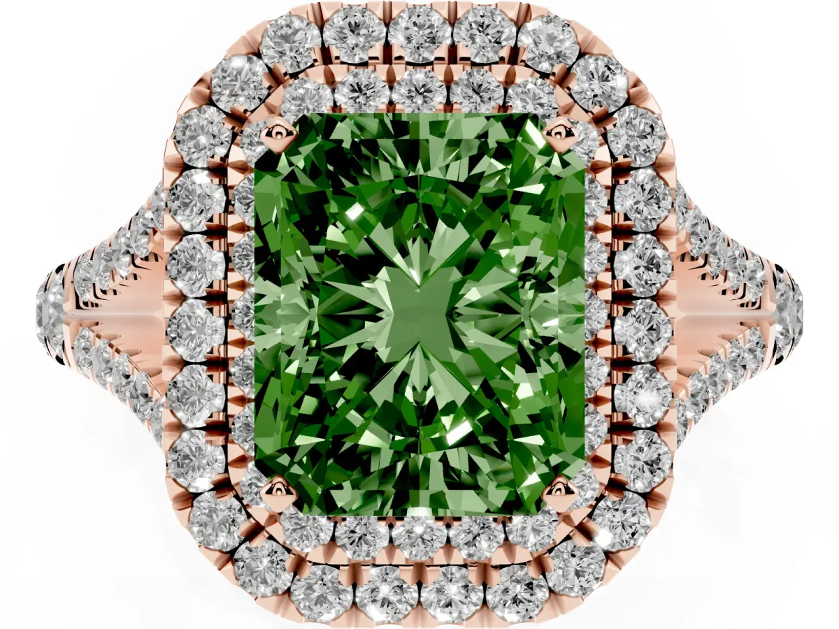 Fancy Green Radiant Cut Diamond Pavé Split Shank Double Halo Engagement Ring Rose gold