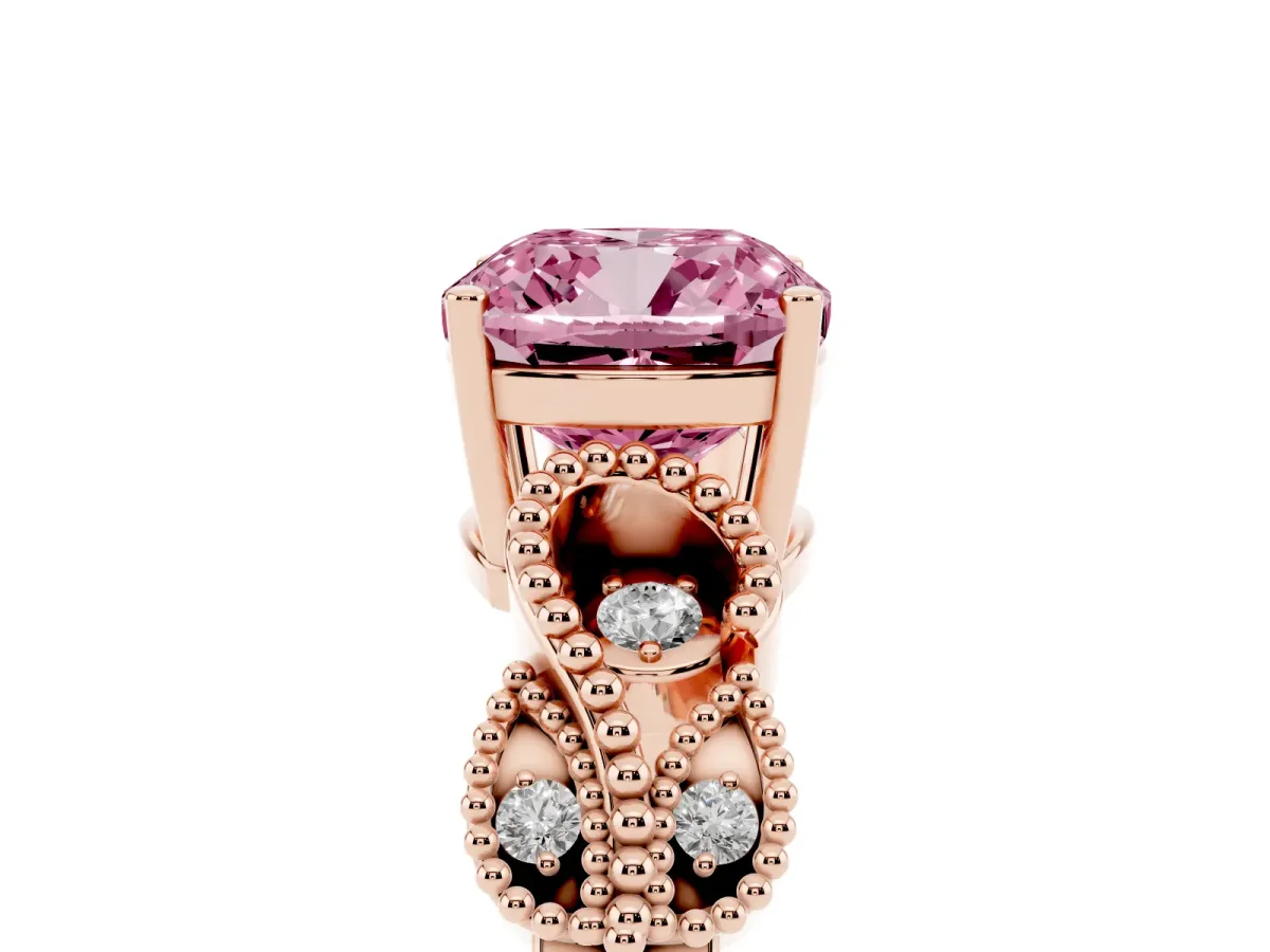 Fancy Pink Cushion Cut Solitaire Milgrain Leaf Band with Prong Setting Rose gold