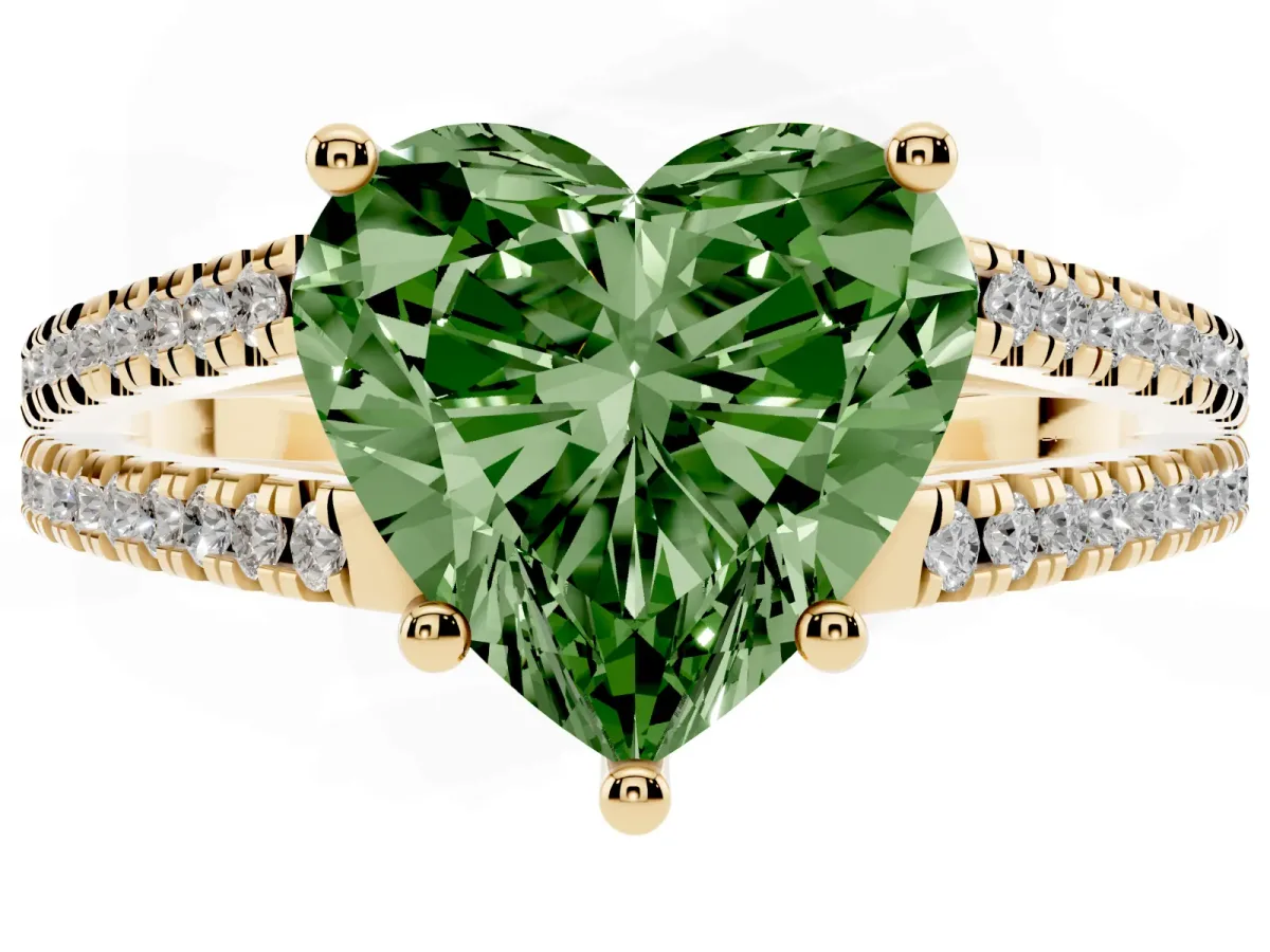 Fancy Green Heart Cut Diamond Solitaire Engagement Ring with Split Shank Pavé Band Yellow gold