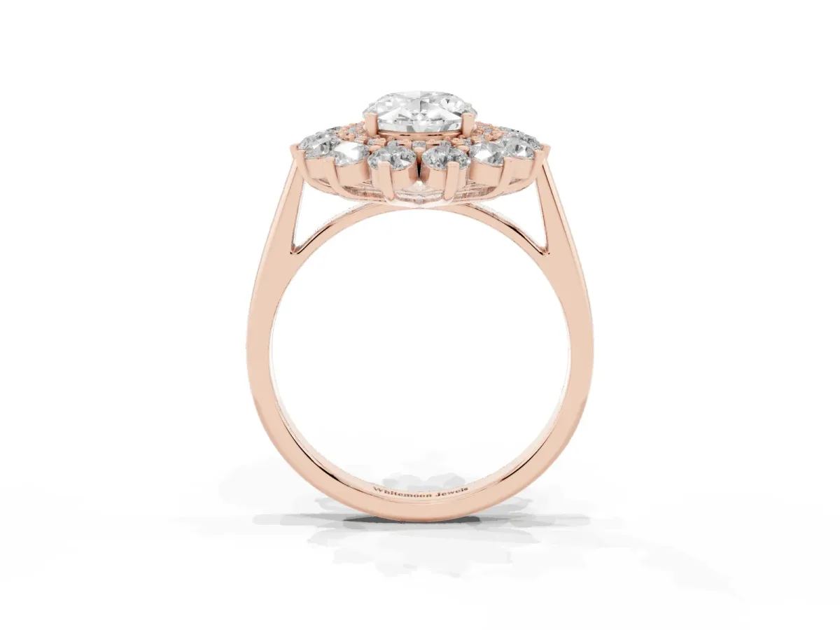 Oval Cut Diamond Floral Double Halo Engagement Ring with Prong Setting Rose gold