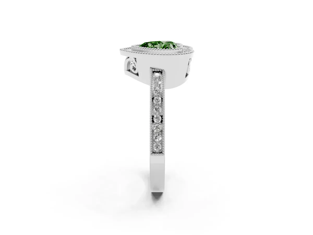 Fancy Green Heart Cut Cut Halo Diamond Ring with Pavé Band and Milgrain Prong Setting Silver