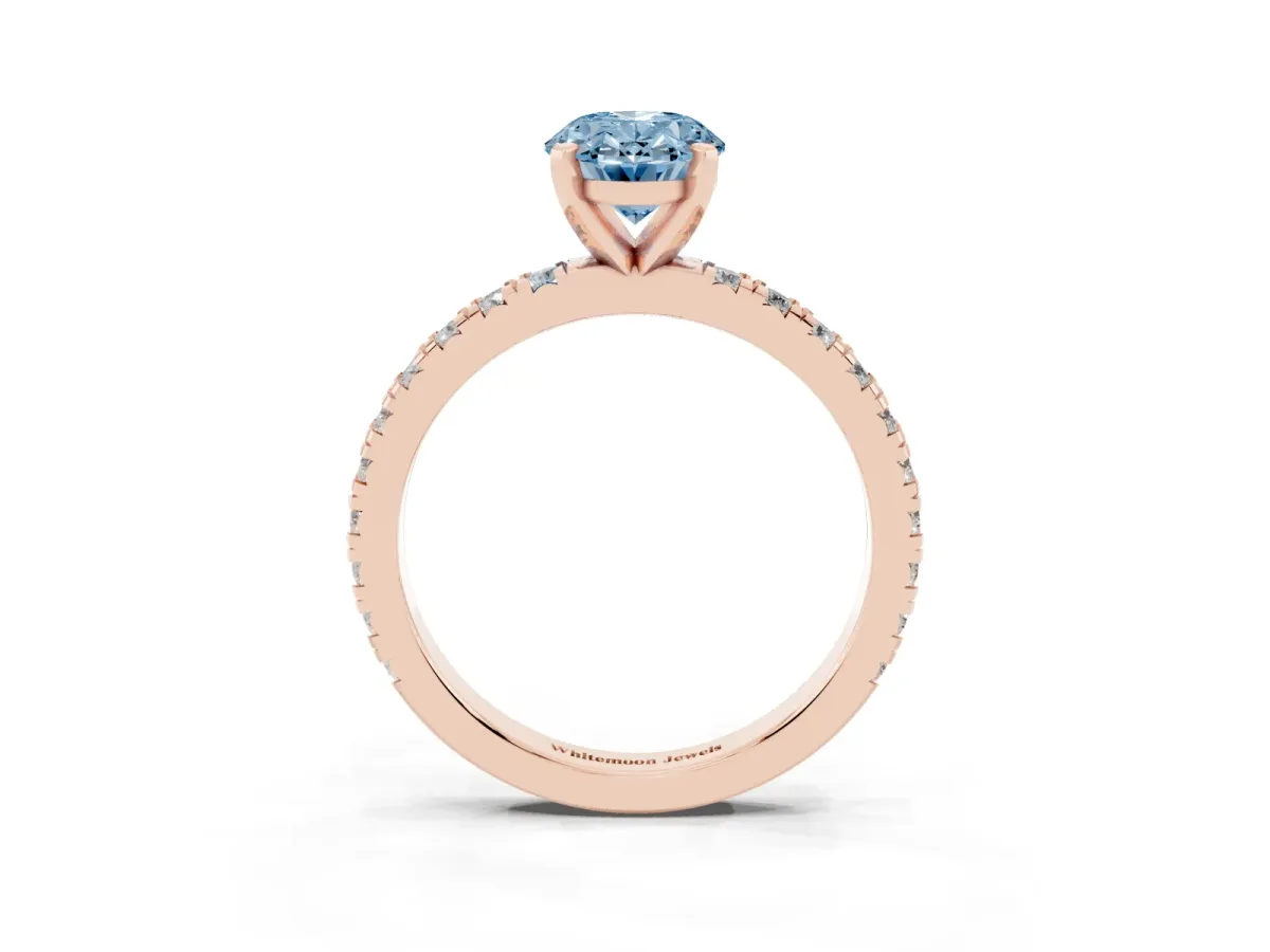 Fancy Blue Oval Cut Diamond Pavé Band Solitaire with Four-Prong Setting Rose gold