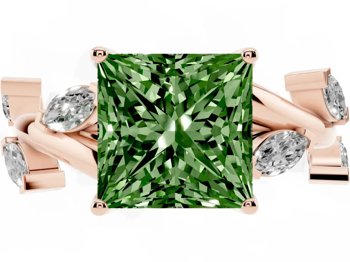 Fancy Green Princess Cut Solitaire Twisted Band Marquise Accent Prong Setting Ring Rose gold