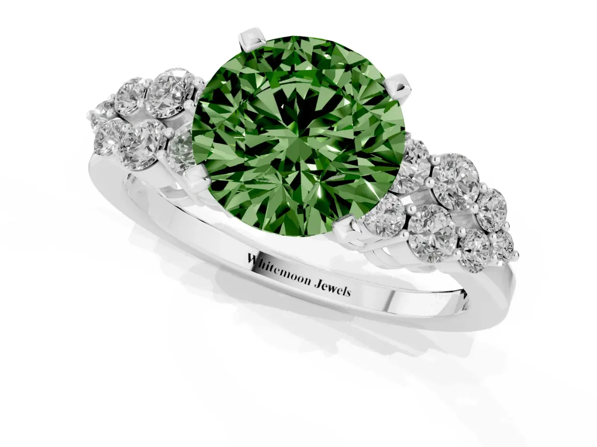 Fancy Green Round Cut Cluster Diamond Engagement Ring with Pavé Band and Four-Prong Setting Silver
