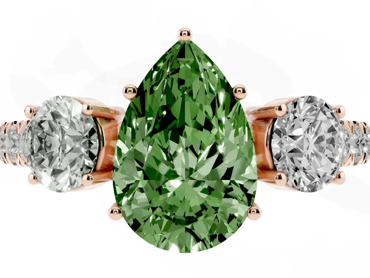 Fancy Green Pear Cut Cut Diamond Three-Stone Ring with Round Side Stones and Pavé Band Rose gold