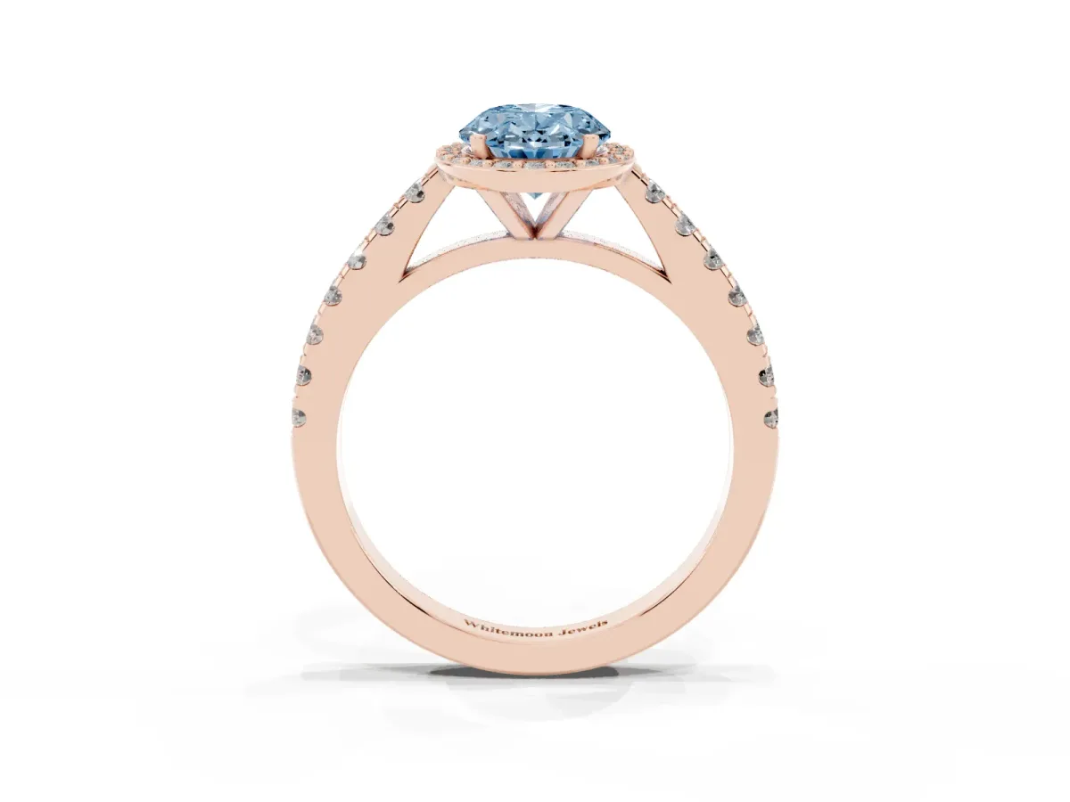 Fancy Blue Oval Cut Cut Halo Diamond Engagement Ring with Pave Band and Four-Prong Setting Rose gold