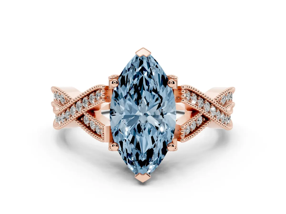 Fancy Blue Marquise Cut Cut Diamond Twisted Band with Milgrain Pave Setting and Four-Prong Setting Rose gold