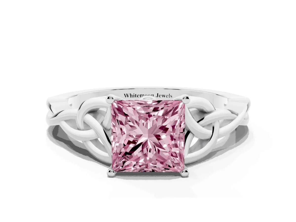 Fancy Pink Princess Cut Diamond Solitaire Engagement Ring with Celtic Knot Band and Four-Prong Setting White gold