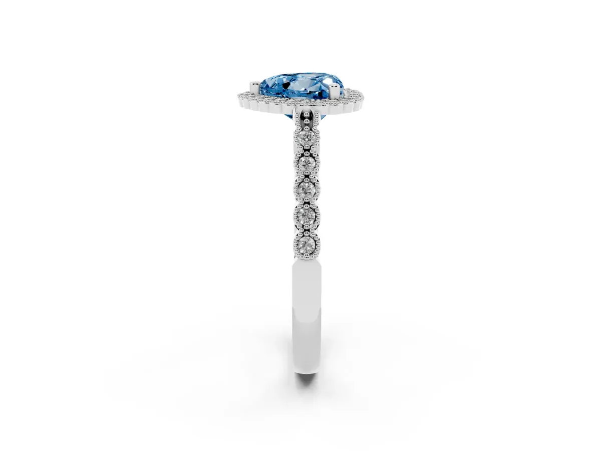 Fancy Blue Heart Cut Cut Halo Pavé Solitaire Ring with Milgrain Band Silver
