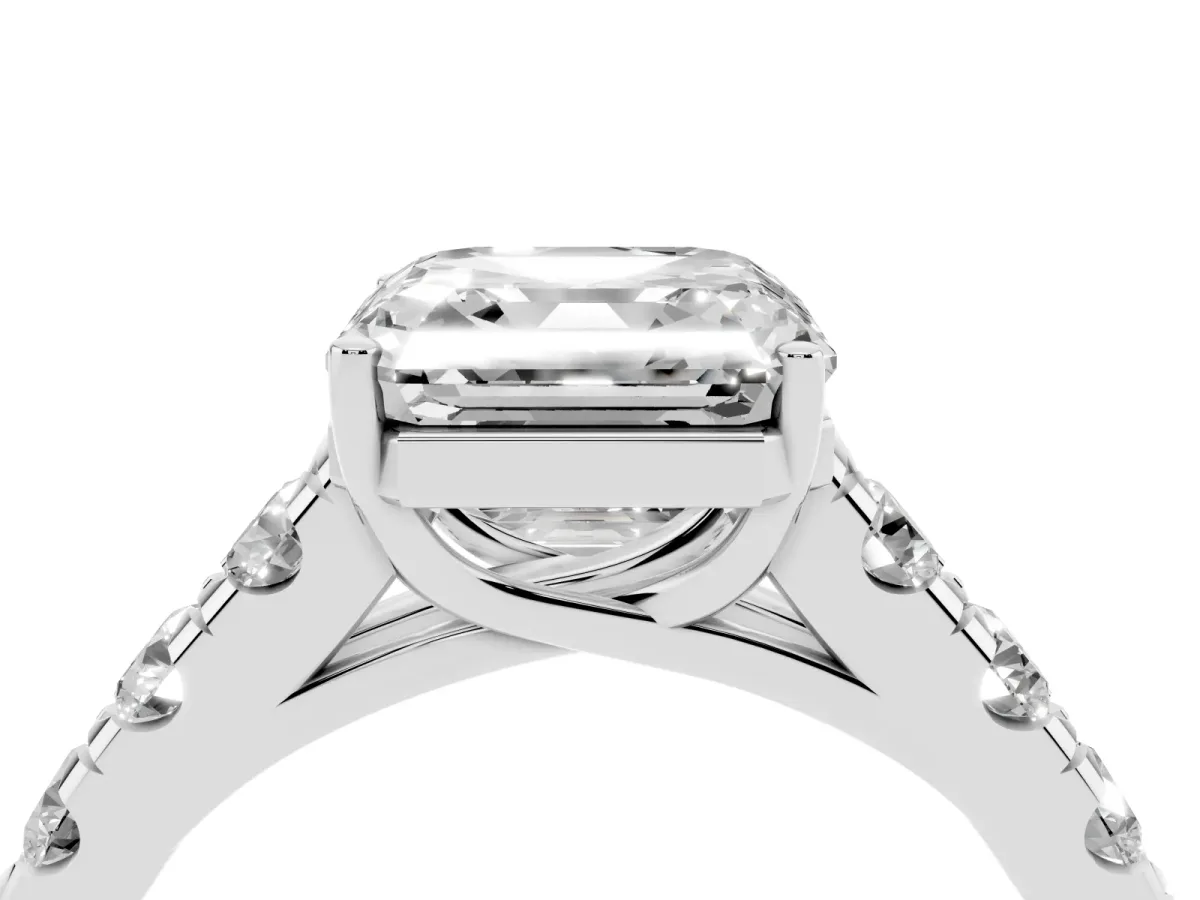 Asscher Cut Cut Diamond Solitaire Ring with Micro Pave Band and Prong Setting Silver