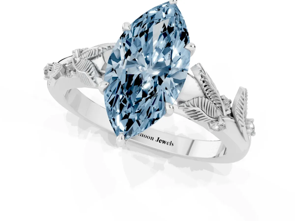 Fancy Blue Marquise Cut Diamond Solitaire Ring with Leaf Motif Band and Four-Prong Setting Platinum
