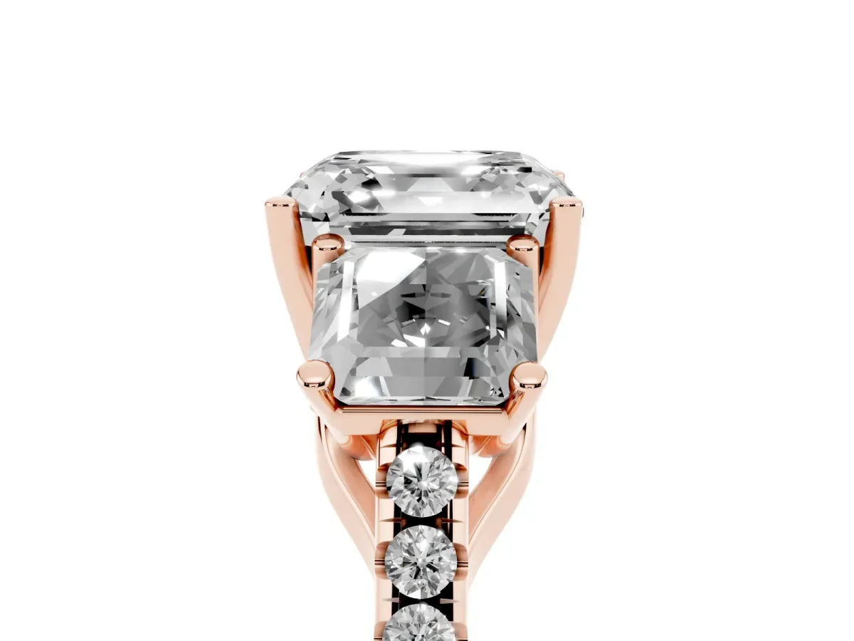 Three-Stone Asscher Cut Diamond Ring with Round Pavé Band and Prong Setting Rose gold