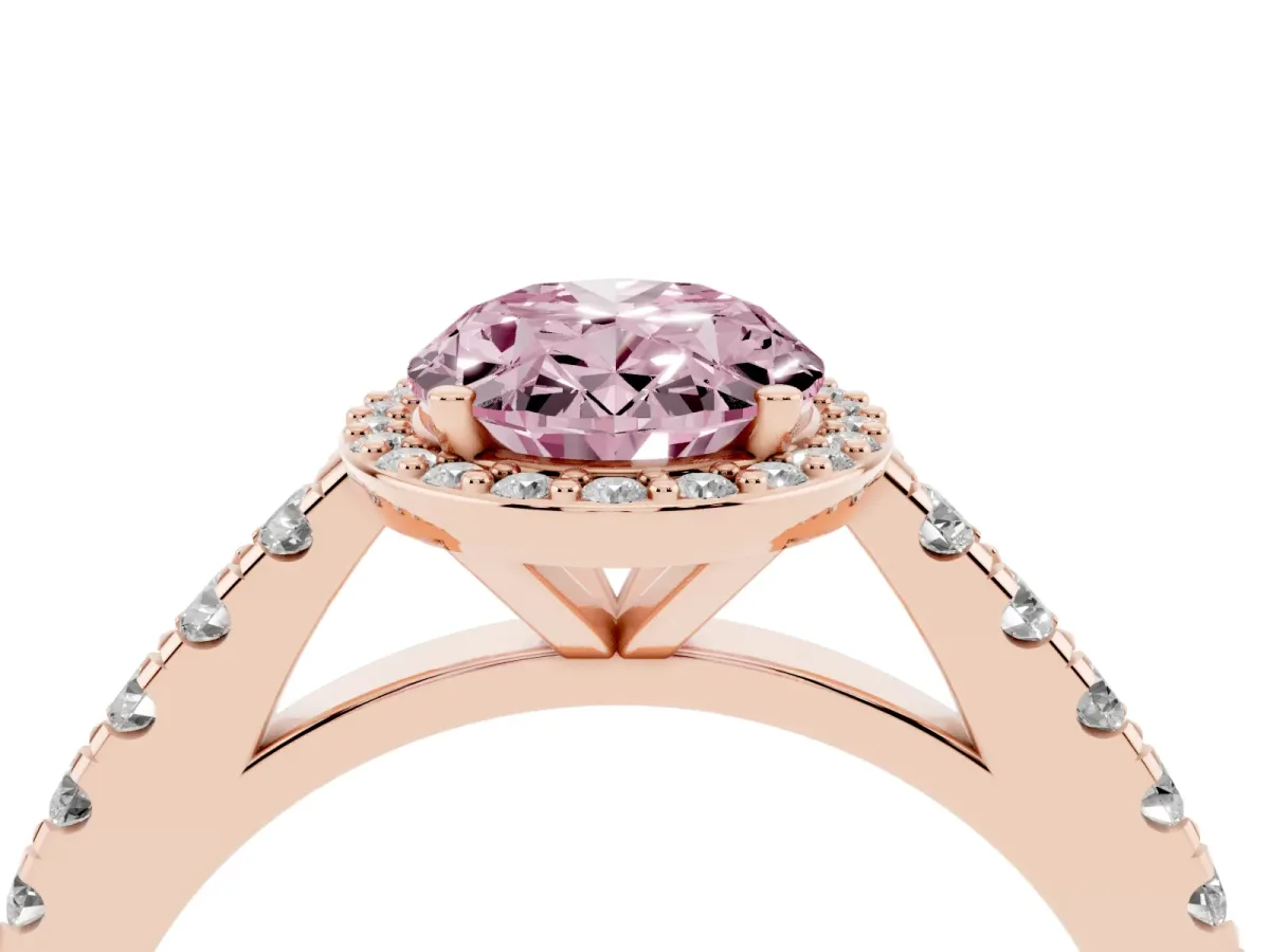 Fancy Pink Oval Cut Cut Halo Diamond Engagement Ring with Pave Band and Four-Prong Setting Rose gold