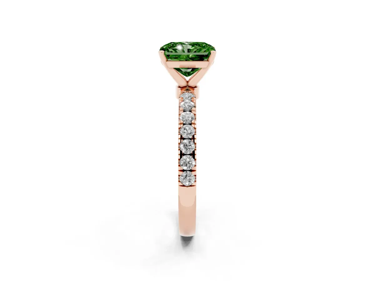 Fancy Green Radiant Cut Diamond Solitaire Ring with Pavé Accents and Four-Prong Setting Rose gold