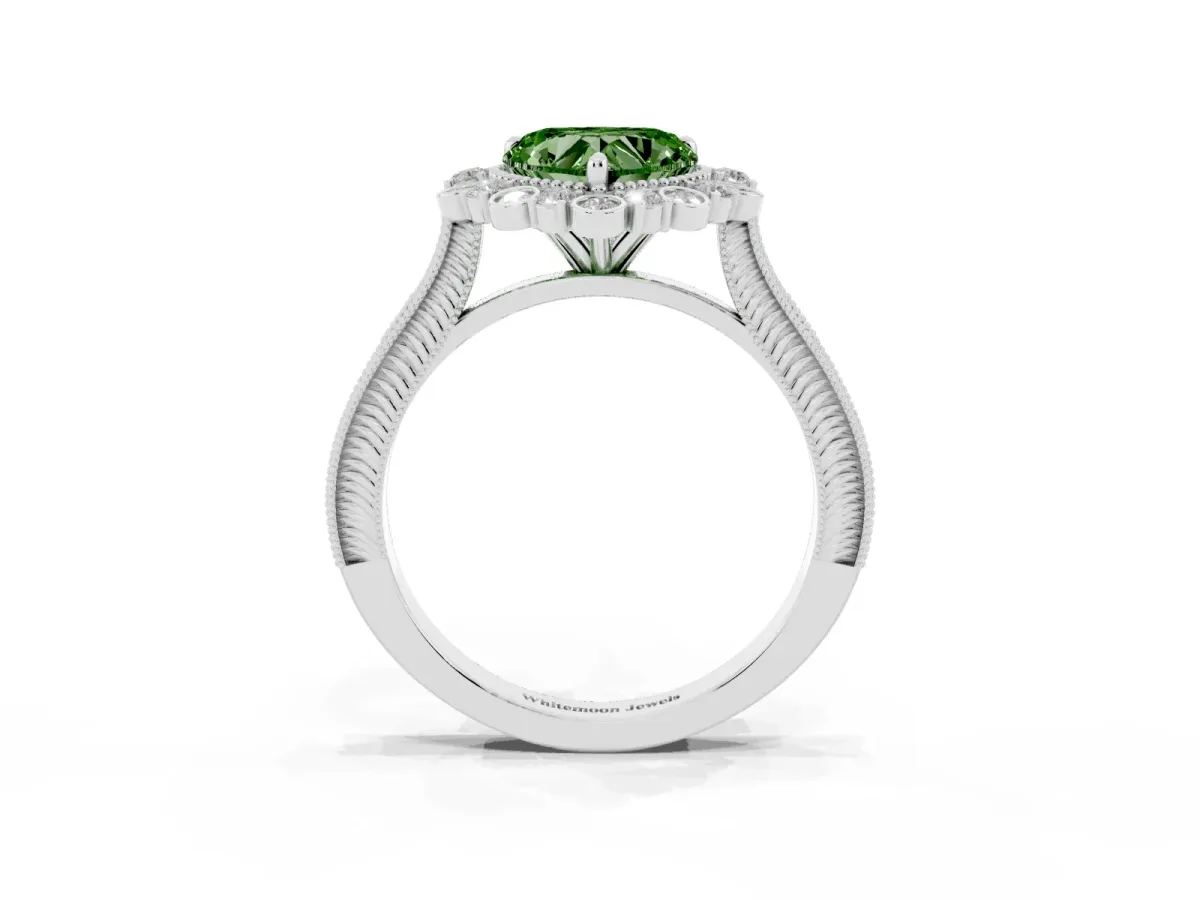 Fancy Green Heart Cut Halo Milgrain Pave Diamond Ring with Four-Prong Setting White gold