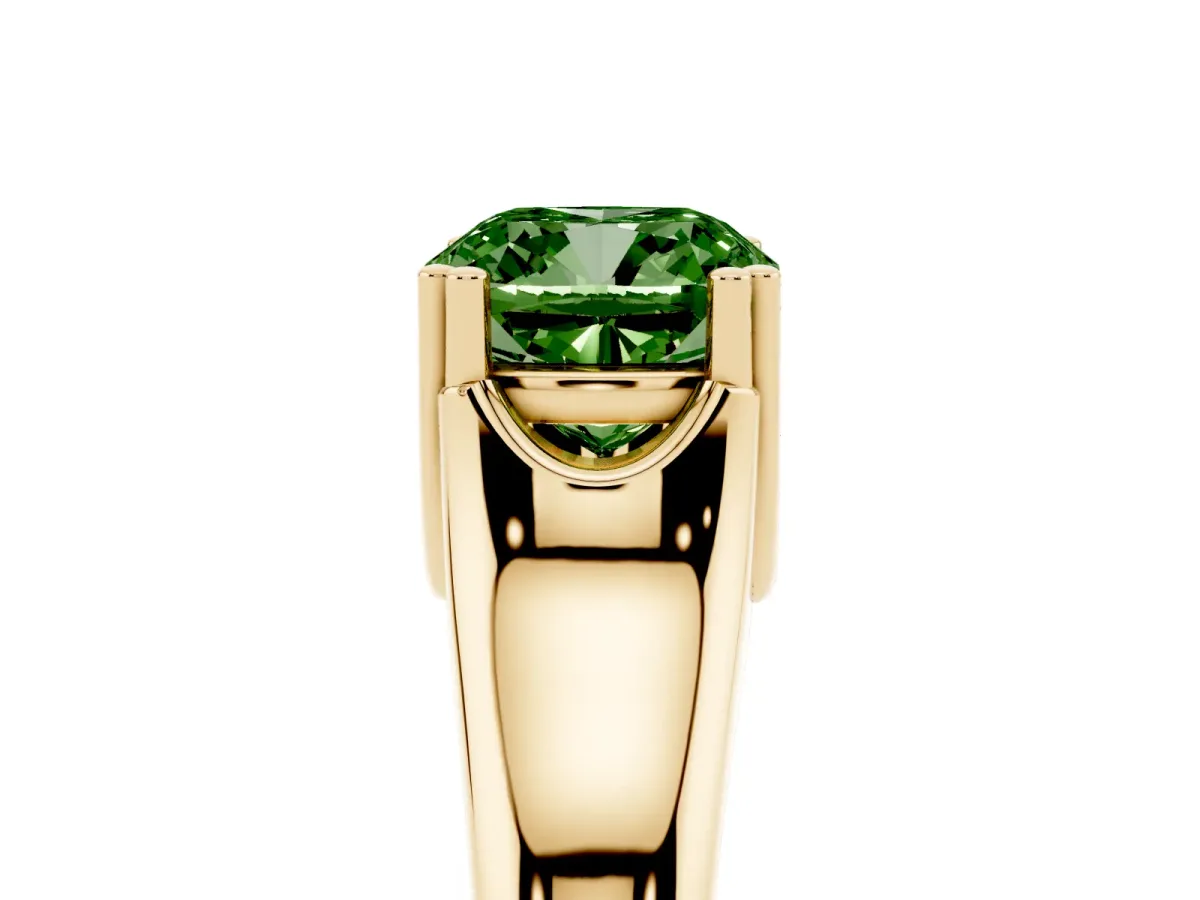 Fancy Green Cushion Cut Diamond Solitaire Ring with Wide Band and Prong Setting Yellow gold