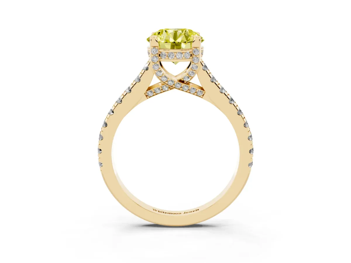 Fancy Yellow Round Cut Brilliant Diamond Solitaire with Pavé Band and Four-Prong Setting Yellow gold