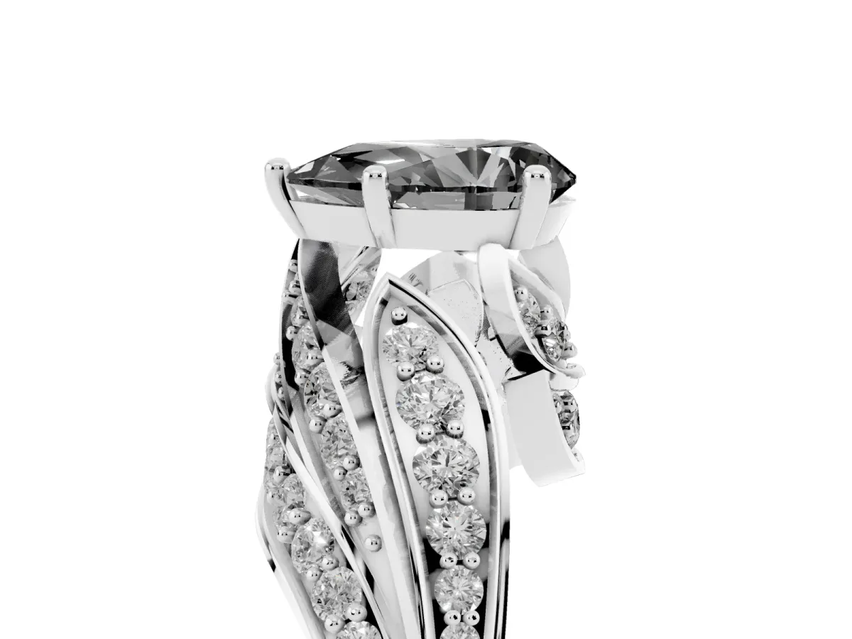 Fancy Black Pear Cut Diamond Solitaire Ring with Prong Setting and Twisted Pavé Band Silver