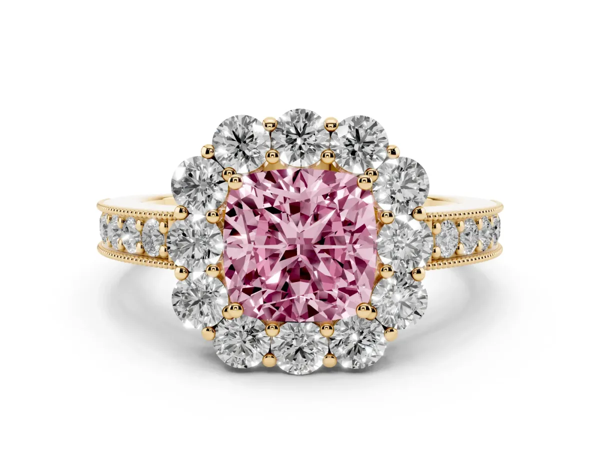 Fancy Pink Cushion Cut Cut Halo Diamond Pavé Engagement Ring with Milgrain Detailing Yellow gold