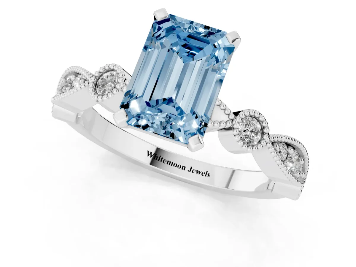 Fancy Blue Emerald Cut Milgrain Bezel Diamond Engagement Ring with Solitaire Prong Setting White gold