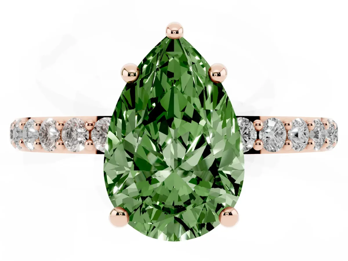 Fancy Green Pear Cut Diamond Solitaire Ring with Round Pavé Band and Prong Setting Rose gold
