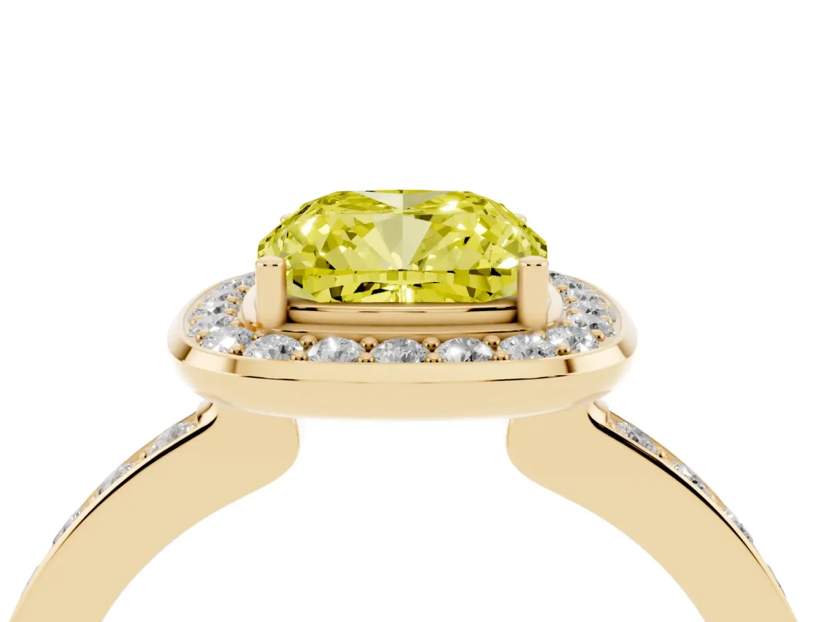 Fancy Yellow Cushion Cut Diamond Halo Ring with Bezel Frame and Pavé Band Yellow gold