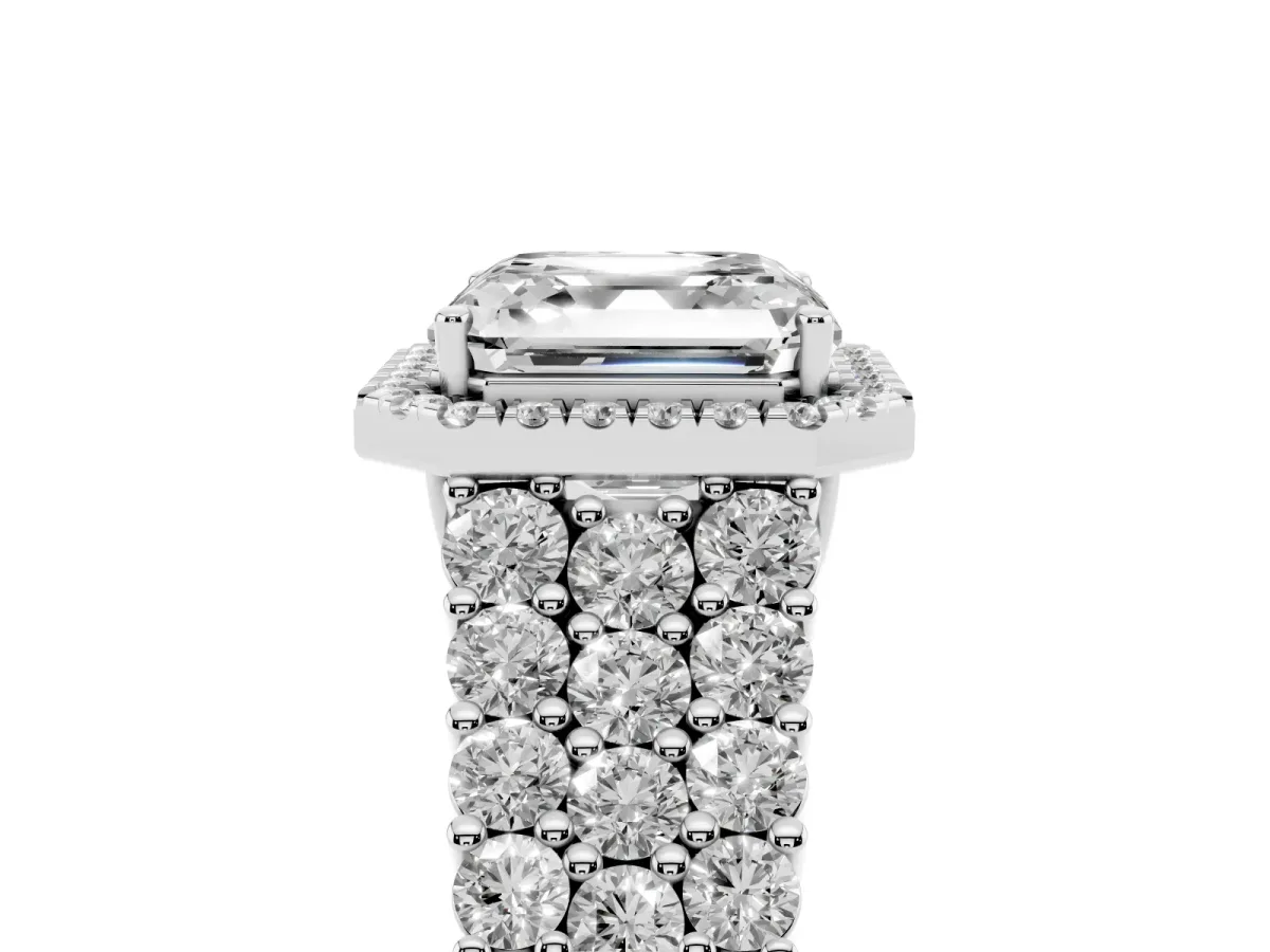 Asscher Cut Diamond Halo Engagement Ring with Triple Row Round Pavé Band and Prong Setting Platinum