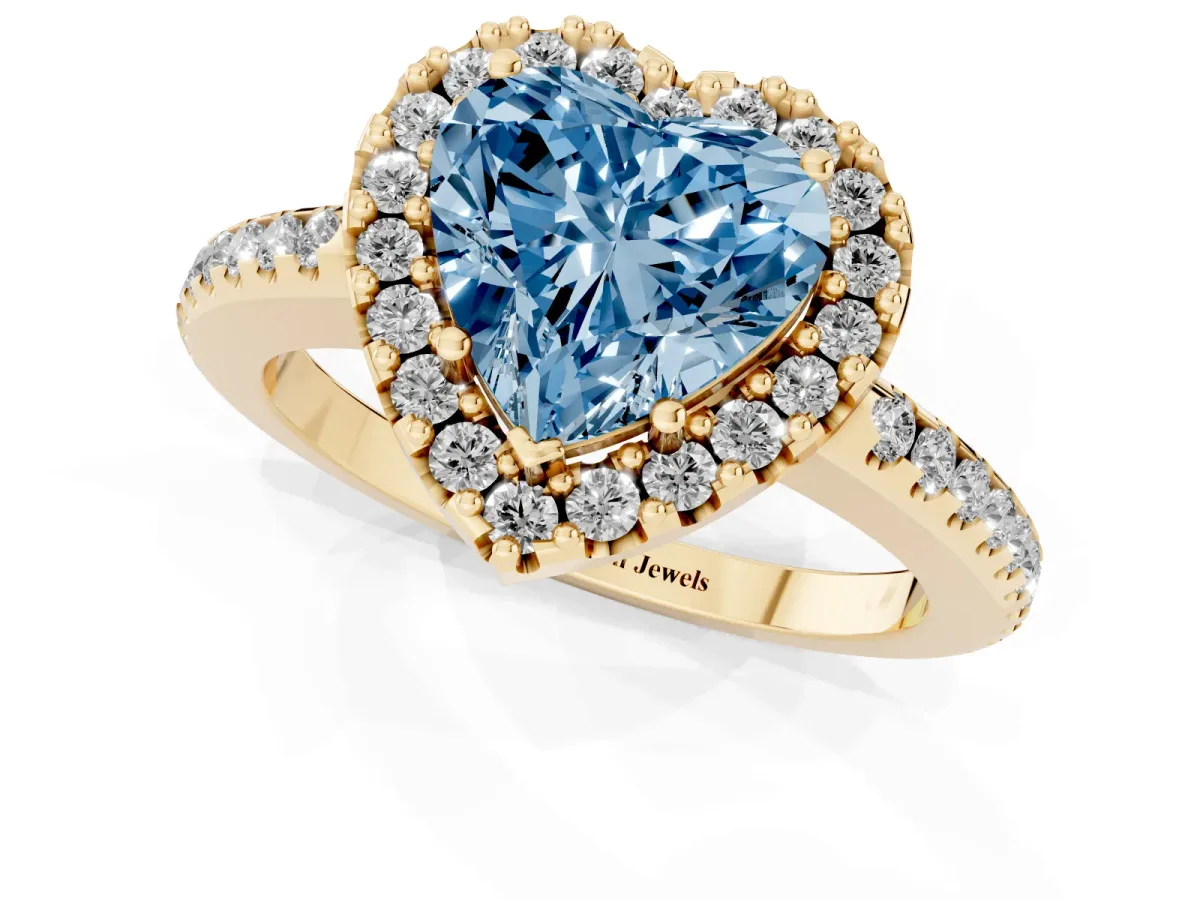 Fancy Blue Heart Cut Diamond Pavé Halo Ring with Four-Prong Setting Yellow gold