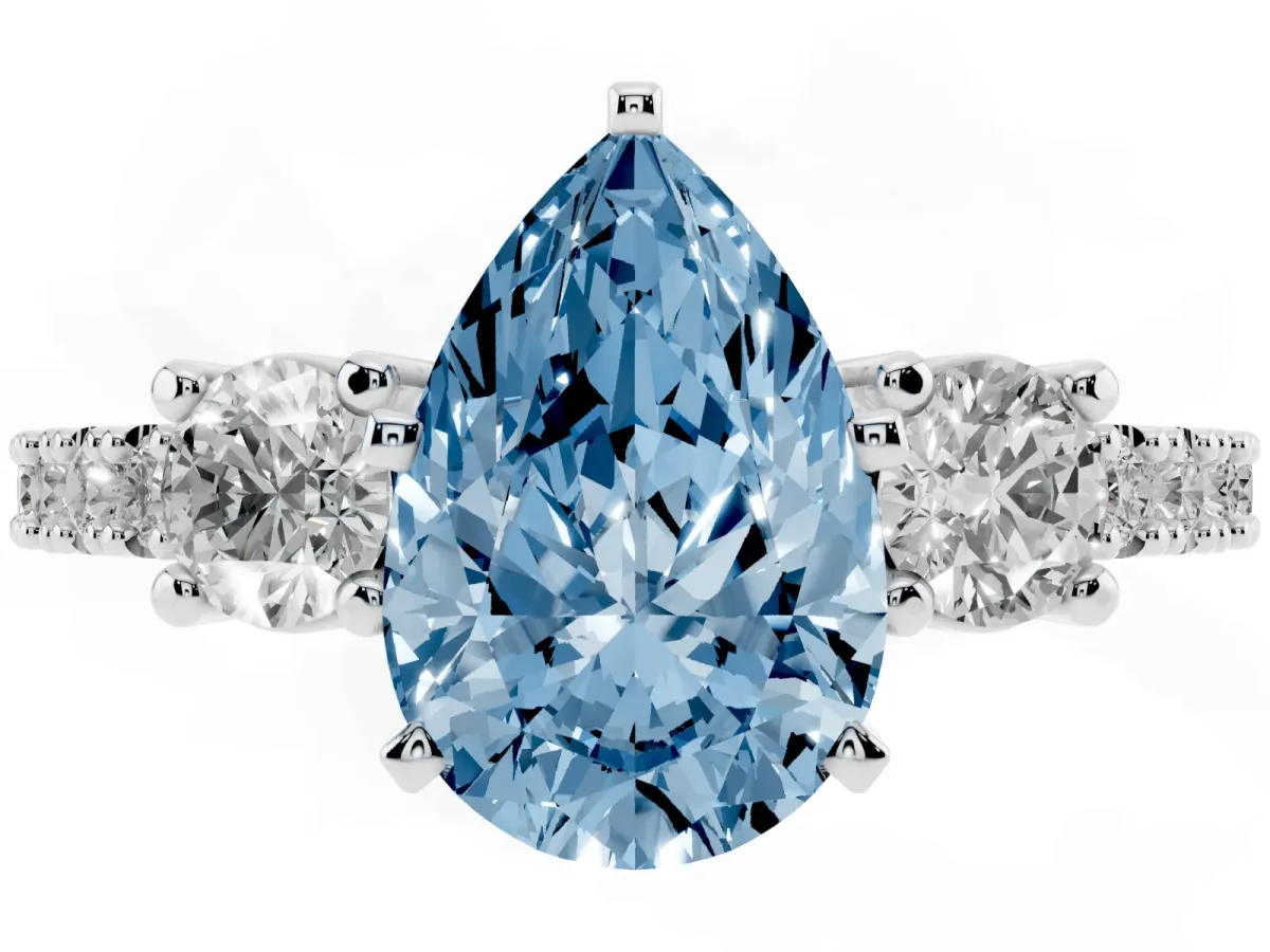 Fancy Blue Pear Cut Three-Stone Diamond Pavé Band with Prong Setting Silver