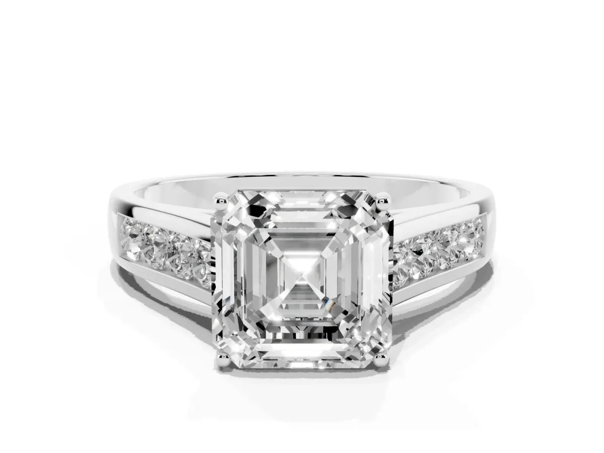 Asscher Cut Brilliant Channel-Set Solitaire Ring with Four-Prong Setting Silver