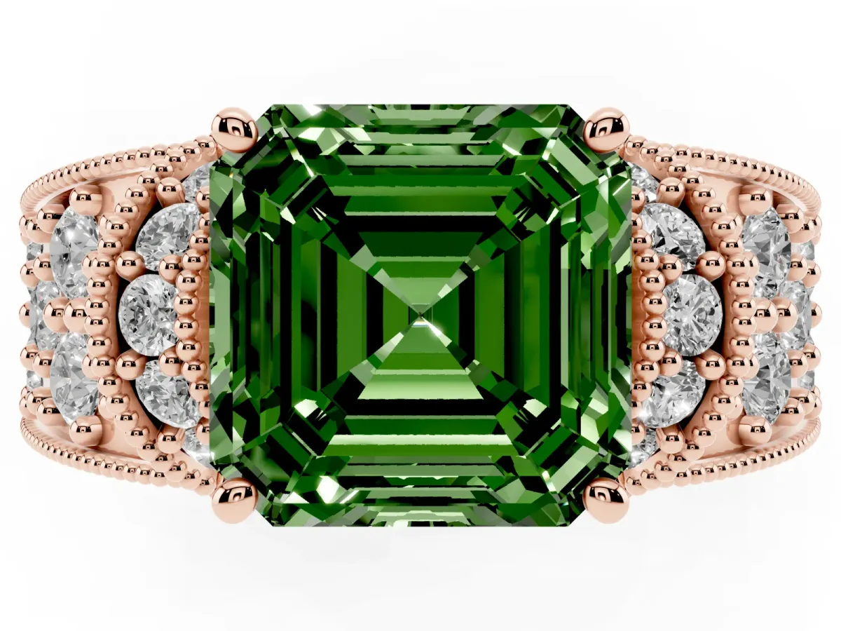 Fancy Green Asscher Cut Halo Pave Diamond Engagement Ring with Milgrain Detailing Rose gold