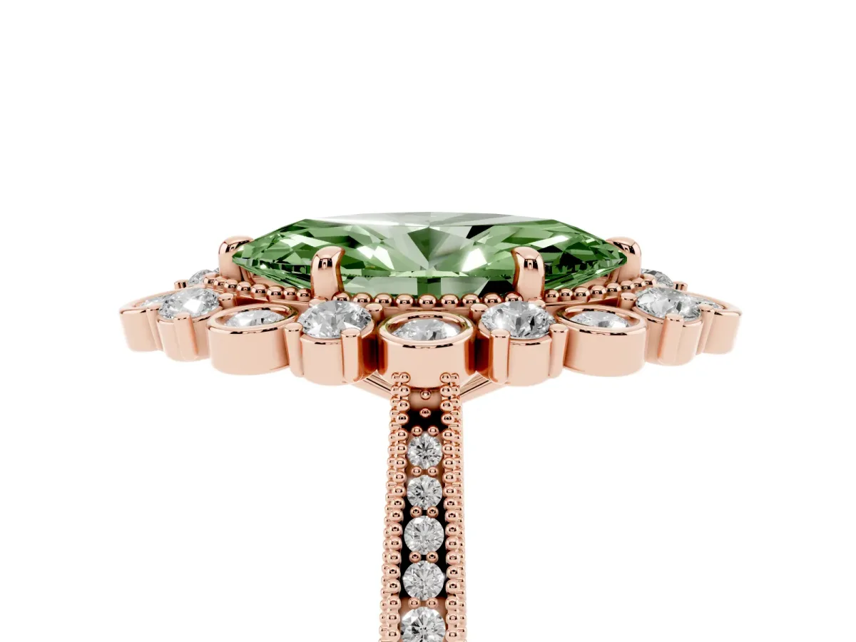 Fancy Green Marquise Cut Halo Milgrain Pave Diamond Ring with Four-Prong Setting Rose gold