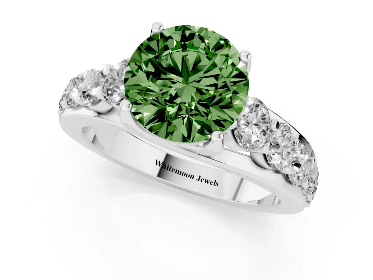 Fancy Green Round Cut Diamond Engagement Ring with Pavé Band and Four-Prong Setting Platinum