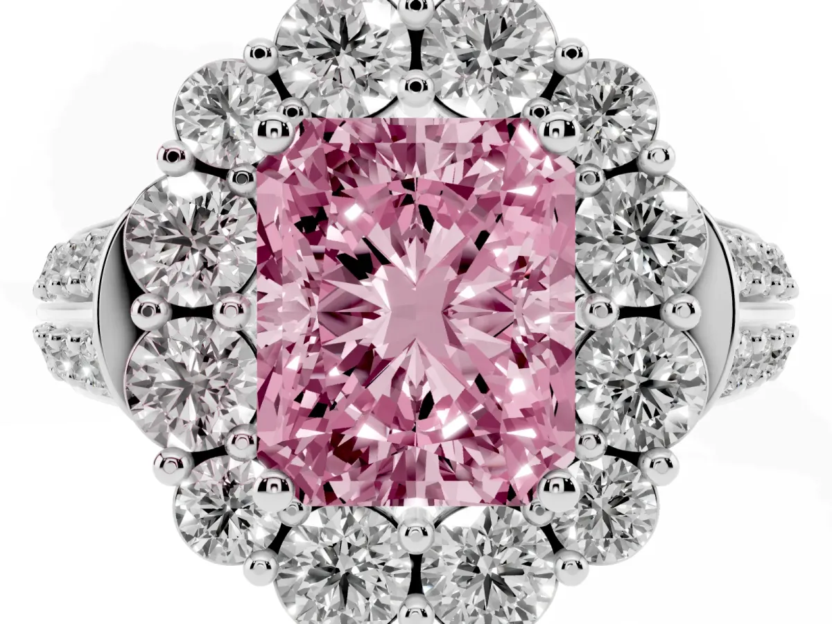 Fancy Pink Radiant Cut Halo Diamond Engagement Ring with Split Shank and Prong Setting Silver