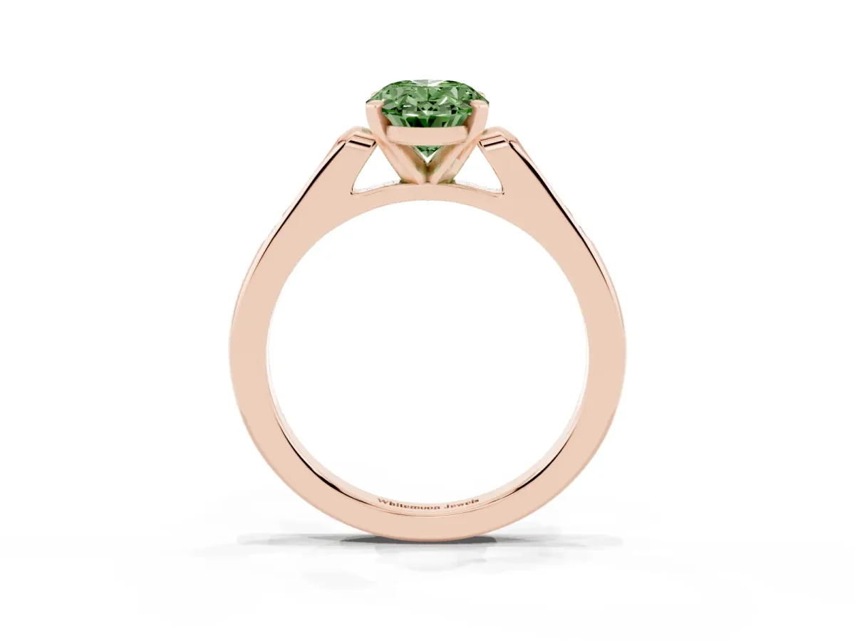 Fancy Green Oval Cut Diamond Solitaire Ring with Channel Set Round Band and Prong Setting Rose gold