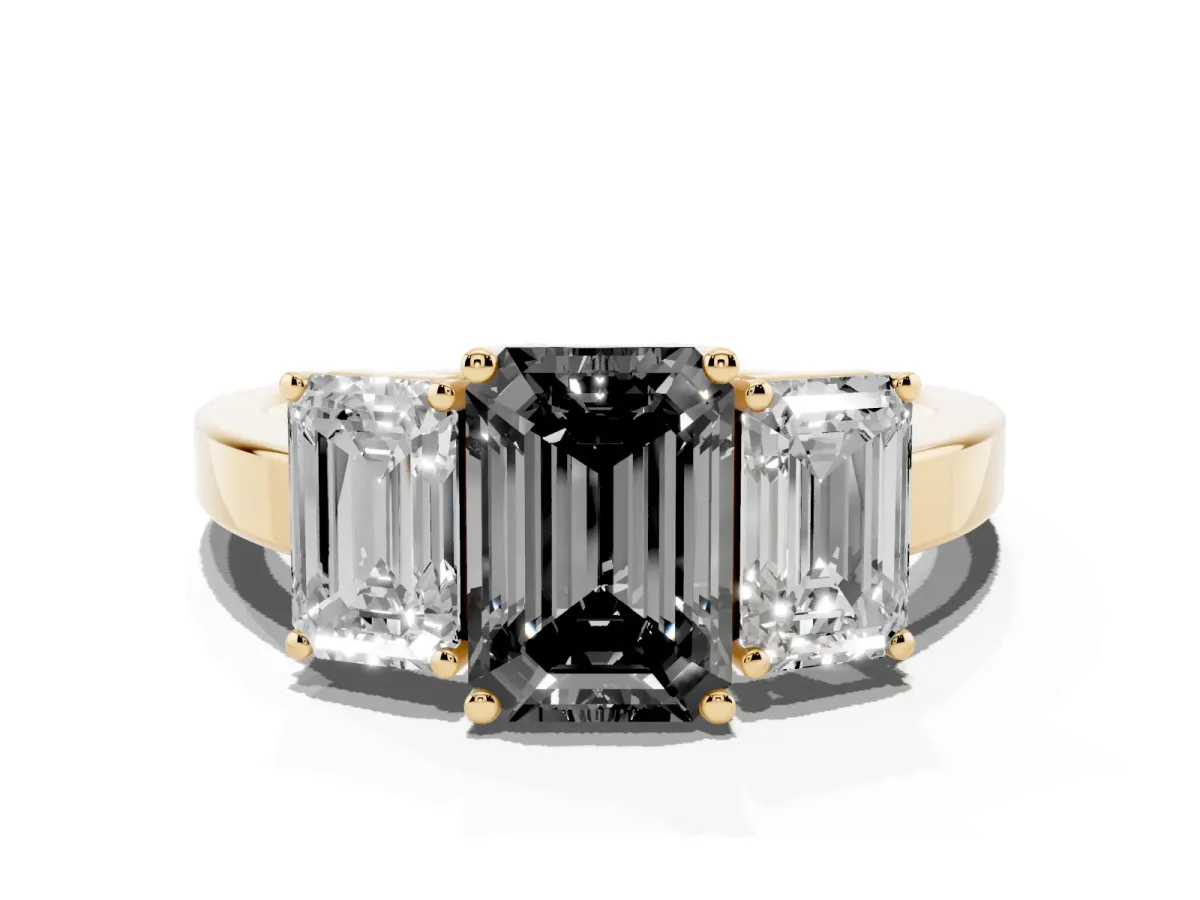 Fancy Black Three-Stone Emerald Cut Cut Diamond Engagement Ring with Flat Band and Four-Prong Setting Yellow gold