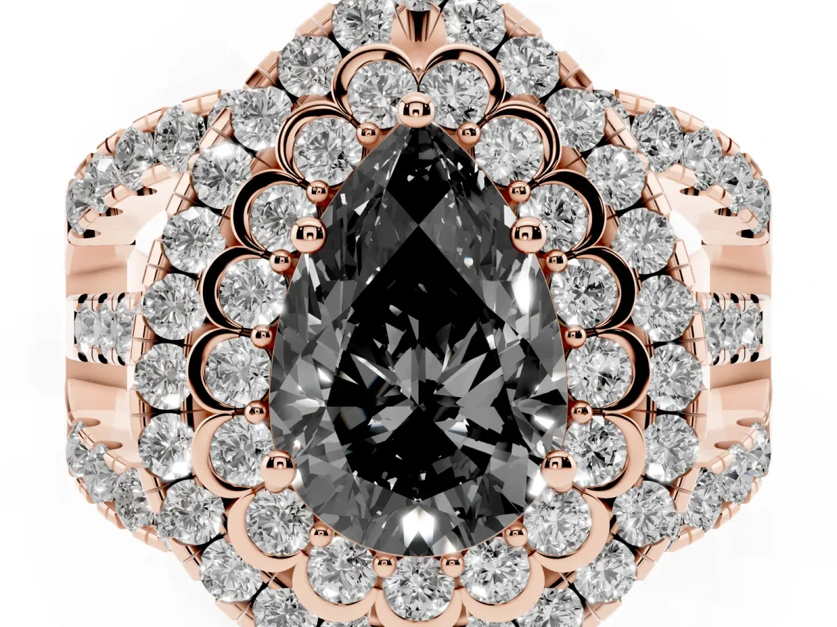 Fancy Black Pear Cut Diamond Double Halo Ring with Round Pavé Split Shank and Prong Setting Rose gold