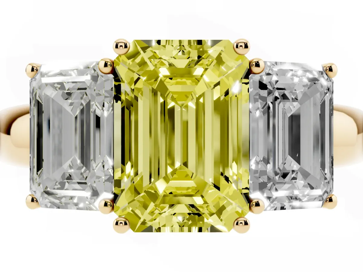 Fancy Yellow Emerald Cut Diamond Three-Stone Ring with Four-Prong Setting and Classic Band Yellow gold