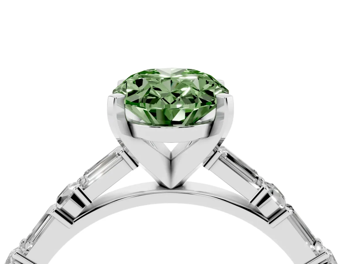 Fancy Green Oval Cut Diamond Solitaire with Side Baguettes and Channel Set Band Silver