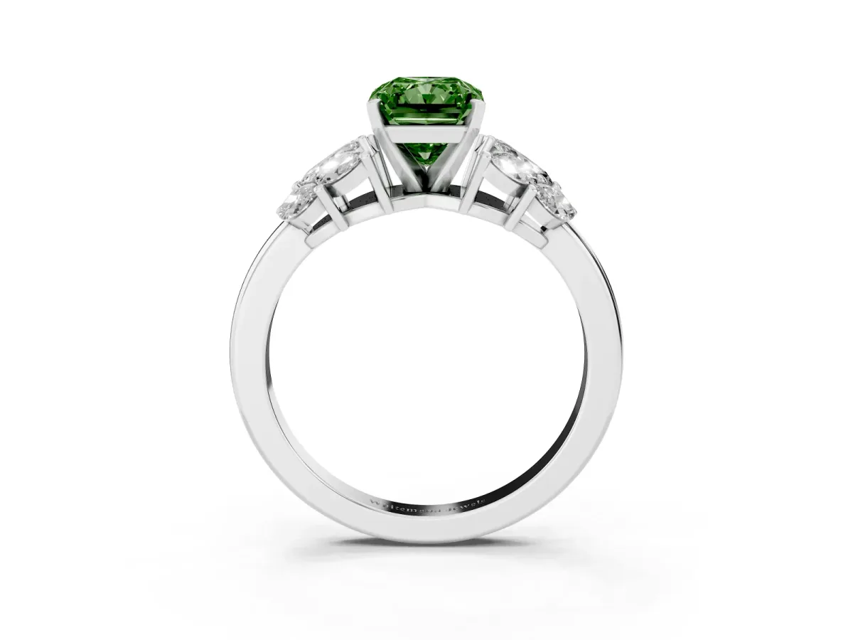 Fancy Green Radiant Cut Diamond Cluster Leaf Design Ring with Prong Setting White gold